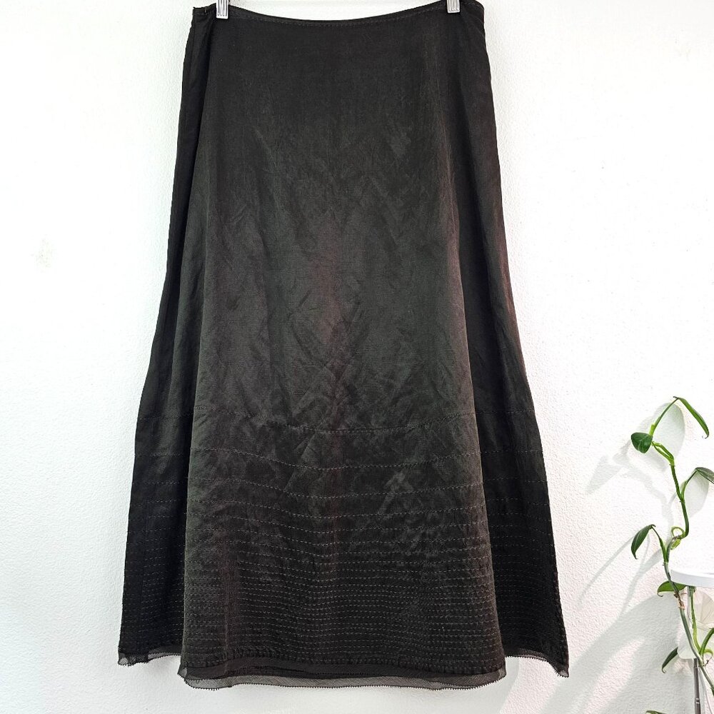 Eileen Fisher Silk/Linen Satin Weave Wonderland A-Line Skirt Sz L Olive Casual - Picture 3 of 14